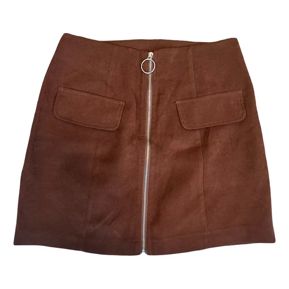 🛍️ Women’s brown zip pocket faux corduroy mini skirt size small
